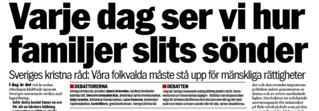 Kyrkoledare i Aftonbladet: Vi kräver att Sverige återinför rätten till familjeåterförening
